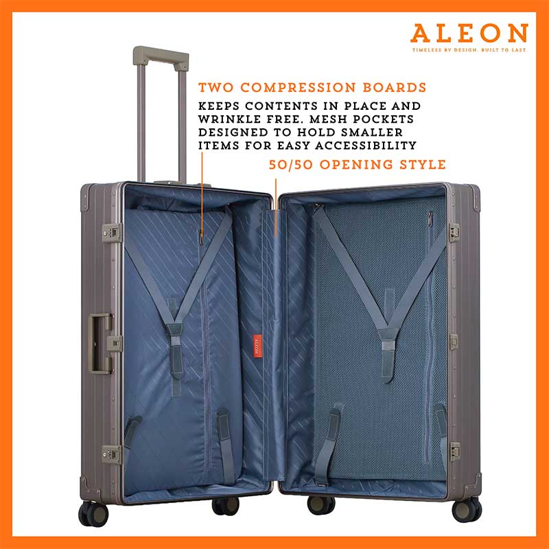 3255-BR--B07RBZDY71-open-1-(1) An open ALEON 32″ Macro Plus reveals its meticulously organized interior, featuring compression panels and deep compartments that optimize space. Secure straps keep belongings neatly in place, making it ideal for extended trips.