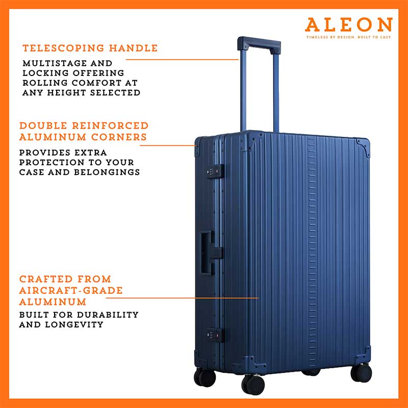 3255-SA-B077WTYDM1-side-1-(1) The ALEON 32″ Macro Plus Traveler Large Check-In, crafted from aircraft-grade aluminum, stands upright on a pristine hotel lobby floor. Its hard-shell design, reinforced corners, and TSA-approved locks emphasize security and durability for long-haul journeys.
