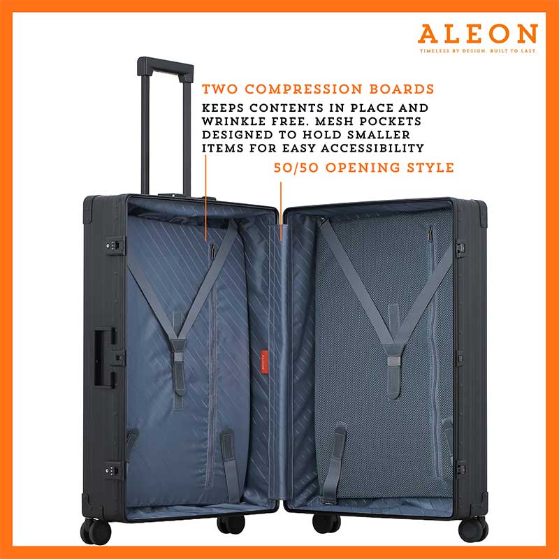 3255-on--B078CXZXG2-open-1-(1) The ALEON 32″ black Macro Plus glides smoothly through an airport terminal, its high-performance wheels designed for quiet and stable movement. The ergonomic telescoping handle ensures comfortable handling, even in bustling travel environments.