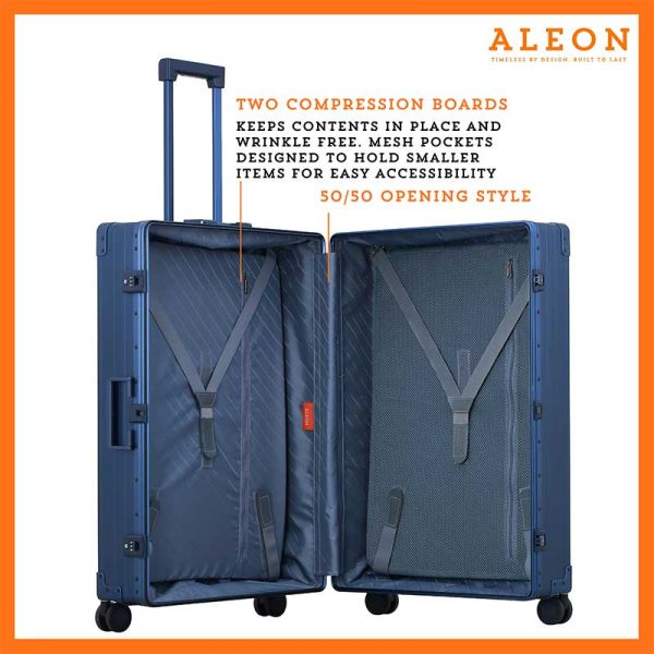An open sapphire blue ALEON 32″ Macro Plus reveals its meticulously organized interior, featuring compression panels and deep compartments that optimize space. Secure straps keep belongings neatly in place, making it ideal for extended trips.