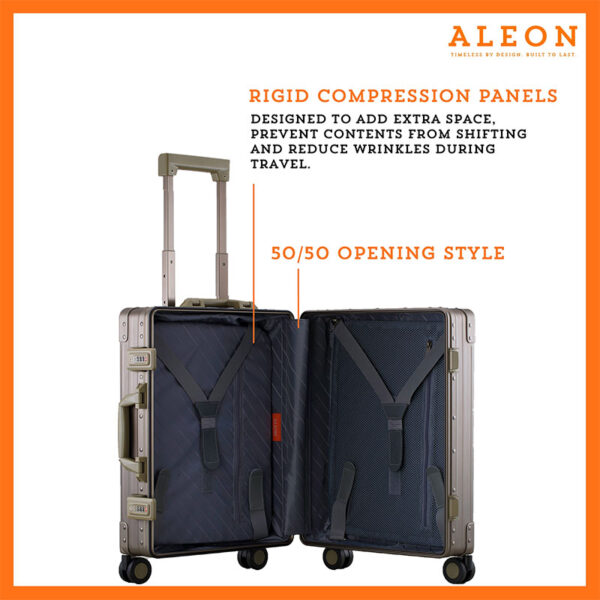 Open view of the 50/50 opening Aleon international carry on in bronze