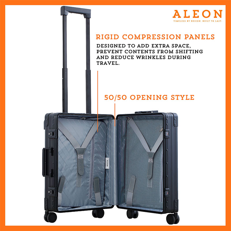 A2155240-International-carry-on-ON-open Open view of Aleon internation carry on with compression boards