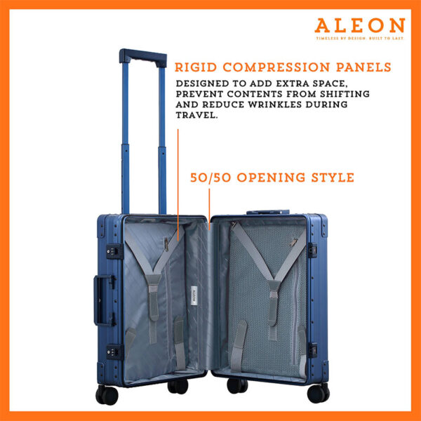 Open view of blue ALEON carryon with compression boards