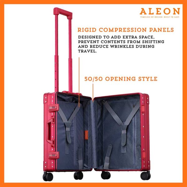 Open view of the Aleon international carry on with compressions boards in ruby red