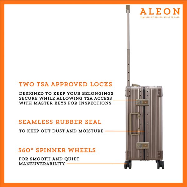 The ALEON 21" Carry-On glides effortlessly through a busy terminal, its precision-engineered wheels navigating the polished flooring with ease. The sturdy telescoping handle ensures a comfortable grip for travelers.