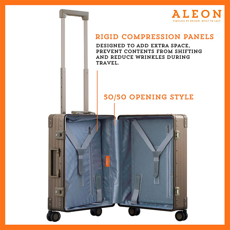 B01LZO1GXS-CH-open-(2) An open bronze ALEON 21" Carry-On reveals a neatly arranged interior with compression panels and secure straps, showcasing its well-structured design for organized packing. The TSA-approved locking mechanism adds an extra layer of security.