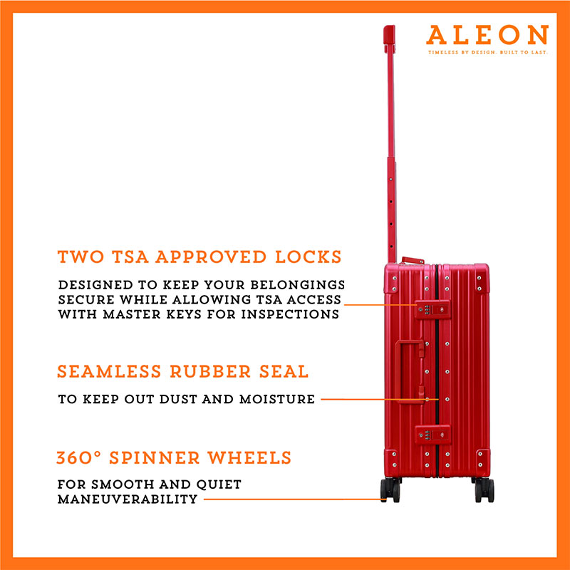 The ALEON 21" red Carry-On glides effortlessly through a busy terminal, its precision-engineered wheels navigating the polished flooring with ease. The sturdy telescoping handle ensures a comfortable grip for travelers.