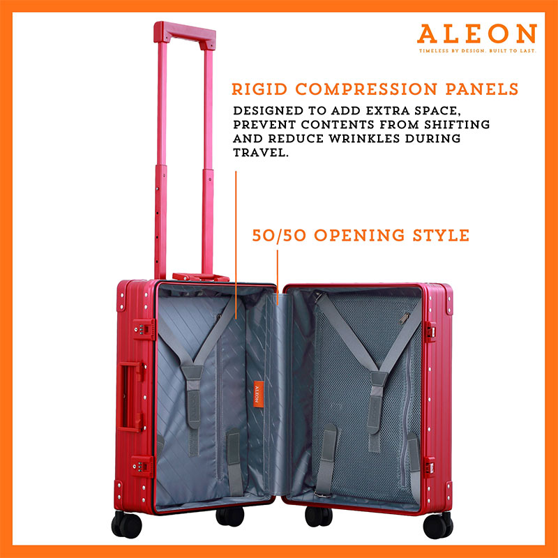 An open ALEON 21" Carry-On reveals a neatly arranged interior with compression panels and secure straps, showcasing its well-structured design for organized packing. The TSA-approved locking mechanism adds an extra layer of security.