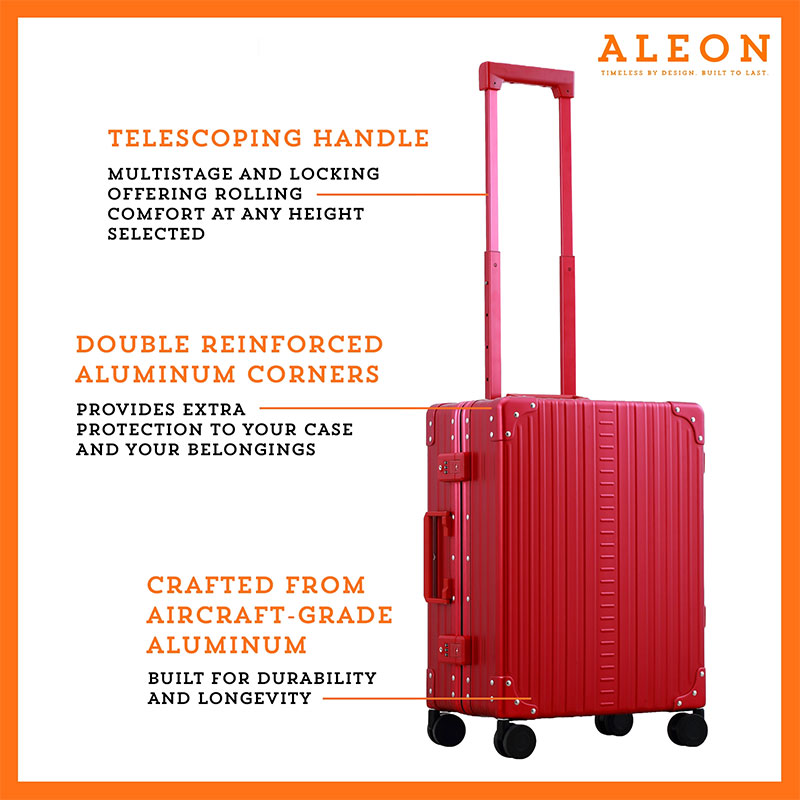 The ALEON 21" Carry-On rests beside a plush airport lounge chair, its refined metallic finish complementing the sophisticated travel setting. Designed for durability and elegance, it exudes premium craftsmanship and functionality.