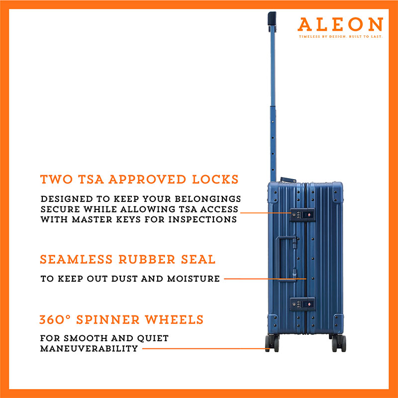 B074B3S7K8-SA-Lock-(2) The ALEON 21" blue Carry-On glides effortlessly through a busy terminal, its precision-engineered wheels navigating the polished flooring with ease. The sturdy telescoping handle ensures a comfortable grip for travelers.
