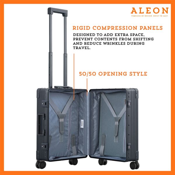 An open onyx black ALEON 21" Carry-On reveals a neatly arranged interior with compression panels and secure straps, showcasing its well-structured design for organized packing. The TSA-approved locking mechanism adds an extra layer of security.