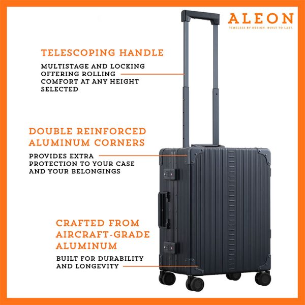 The ALEON 21" Carry-On glides effortlessly through a busy terminal, its precision-engineered wheels navigating the polished flooring with ease. The sturdy telescoping handle ensures a comfortable grip for travelers.
