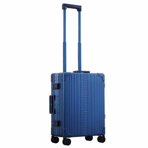 Side profile of international blue ALEON carry on