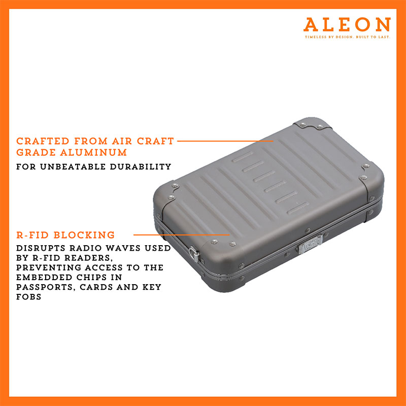 Aleon small bronze crossbody bag featuring interior RFID-blocking pockets for secure storage. The bag is open, showcasing multiple organized compartments designed to protect personal items such as cards and passports. Aleon logo and tagline 'Timeless by design. Built to last.' are displayed in the top right corner.