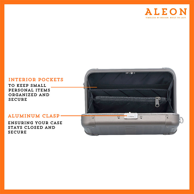 Aleon bronze crossbody bag designed with aircraft-grade aluminum for lasting durability. The bag features an adjustable and removable strap for personalized styling. Aleon logo and tagline 'Timeless by design. Built to last.' are prominently displayed against a clean white background accented with orange borders.