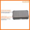 ALEON bronze crossbody case displayed with highlighted features, including double reinforced aluminum corners for enhanced durability and an aluminum clasp for secure closure. The case is open, revealing organized interior compartments. Brand name 'ALEON' and tagline 'TIMELESS BY DESIGN. BUILT TO LAST.' are shown at the top right.