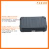 Aleon black onyx crossbody bag designed with aircraft-grade aluminum for lasting durability. The bag features an adjustable and removable strap for personalized styling. Aleon logo and tagline 'Timeless by design. Built to last.' are prominently displayed against a clean white background accented with orange borders.