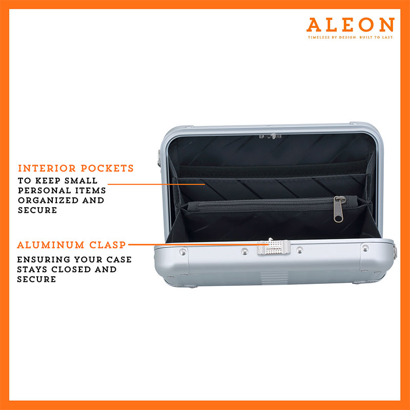 Aleon silver crossbody bag designed with aircraft-grade aluminum for lasting durability. The bag features an adjustable and removable strap for personalized styling. Aleon logo and tagline 'Timeless by design. Built to last.' are prominently displayed against a clean white background accented with orange borders.