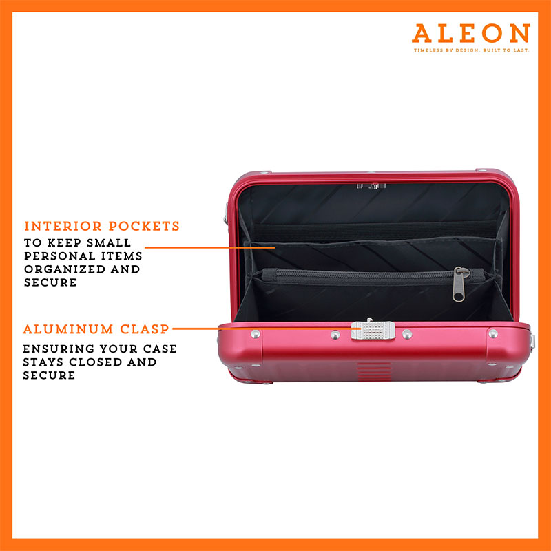 1905-RU-Front-open ALEON red ruby crossbody case displayed with highlighted features, including double reinforced aluminum corners for enhanced durability and an aluminum clasp for secure closure. The case is open, revealing organized interior compartments. Brand name 'ALEON' and tagline 'TIMELESS BY DESIGN. BUILT TO LAST.' are shown at the top right.