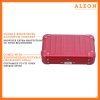 Aleon red ruby crossbody bag designed with aircraft-grade aluminum for lasting durability. The bag features an adjustable and removable strap for personalized styling. Aleon logo and tagline 'Timeless by design. Built to last.' are prominently displayed against a clean white background accented with orange borders.