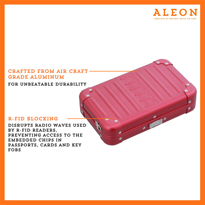 1905-RU Aleon red ruby crossbody bag featuring interior RFID-blocking pockets for secure storage. The bag is open, showcasing multiple organized compartments designed to protect personal items such as cards and passports. Aleon logo and tagline 'Timeless by design. Built to last.' are displayed in the top right corner.