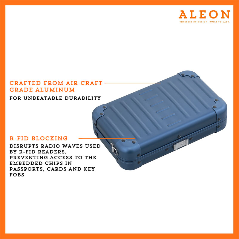1905-SA-(1) Aleon sapphire blue crossbody bag featuring interior RFID-blocking pockets for secure storage. The bag is open, showcasing multiple organized compartments designed to protect personal items such as cards and passports. Aleon logo and tagline 'Timeless by design. Built to last.' are displayed in the top right corner.