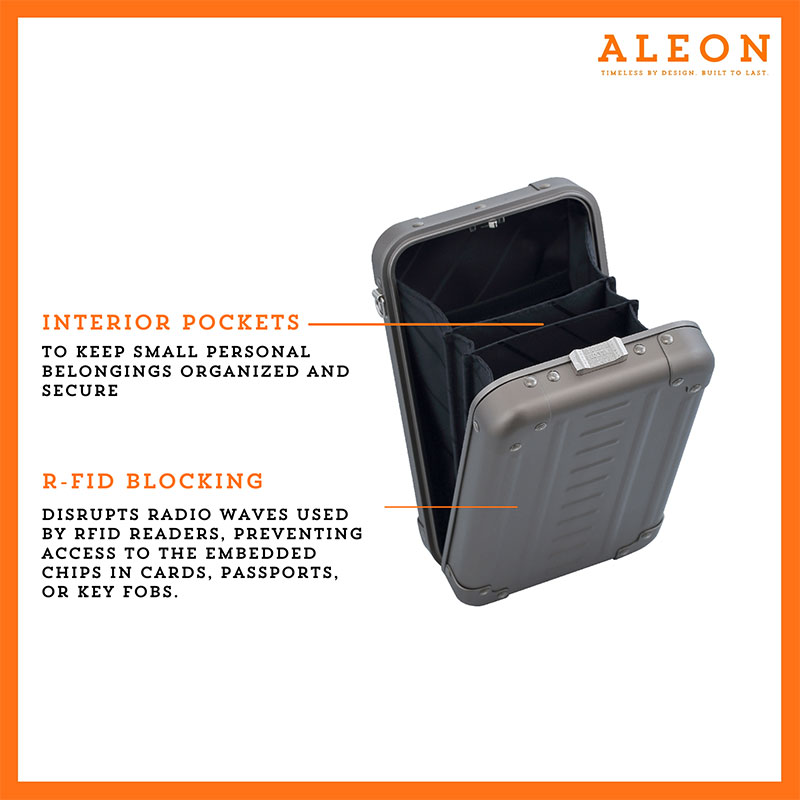 1905-V-BR-open-(2) Aleon vertical bronze crossbody bag featuring interior RFID-blocking pockets for secure storage. The bag is open, showcasing multiple organized compartments designed to protect personal items such as cards and passports. Aleon logo and tagline 'Timeless by design. Built to last.' are displayed in the top right corner.