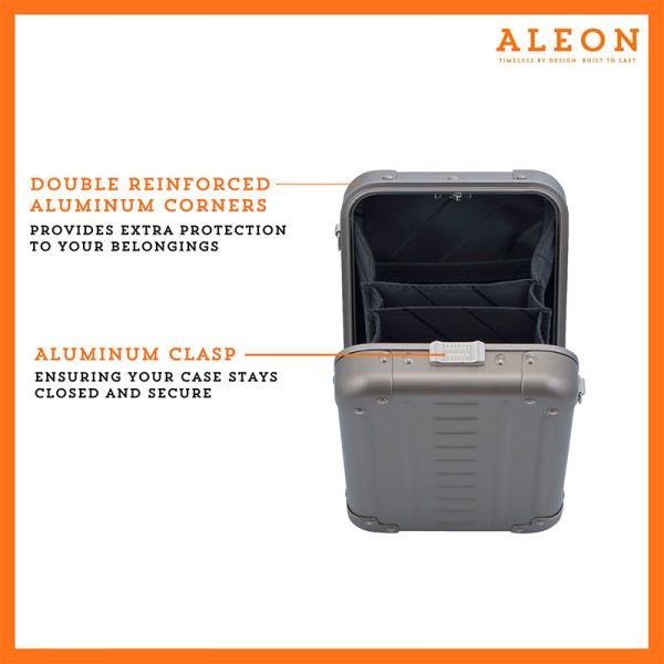 ALEON vertical bronze crossbody case displayed with highlighted features, including double reinforced aluminum corners for enhanced durability and an aluminum clasp for secure closure. The case is open, revealing organized interior compartments. Brand name 'ALEON' and tagline 'TIMELESS BY DESIGN. BUILT TO LAST.' are shown at the top right.