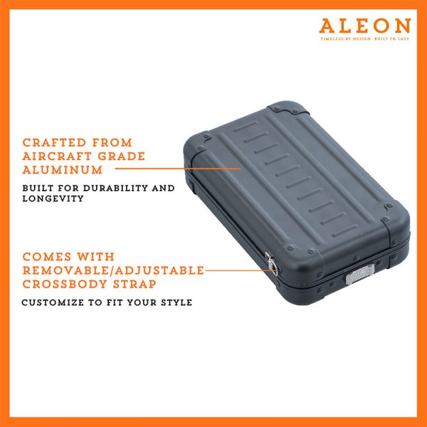 Aleon vertical crossbody bag designed with aircraft-grade aluminum for lasting durability. The bag features an adjustable and removable strap for personalized styling. Aleon logo and tagline 'Timeless by design. Built to last.' are prominently displayed against a clean white background accented with orange borders