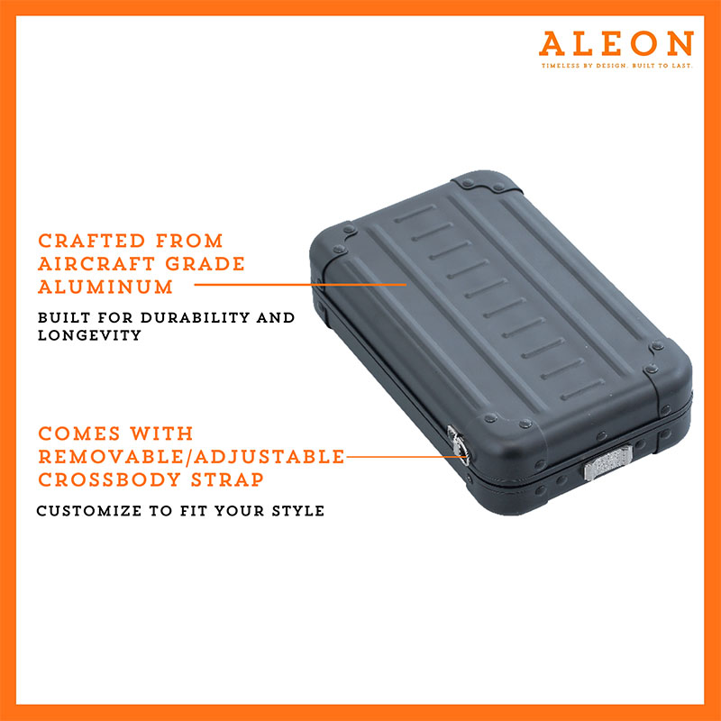 1905-V-ON Aleon vertical crossbody bag designed with aircraft-grade aluminum for lasting durability. The bag features an adjustable and removable strap for personalized styling. Aleon logo and tagline 'Timeless by design. Built to last.' are prominently displayed against a clean white background accented with orange borders