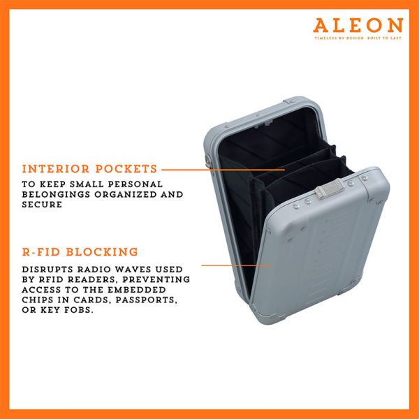 Aleon vertical platinum silver crossbody bag featuring interior RFID-blocking pockets for secure storage. The bag is open, showcasing multiple organized compartments designed to protect personal items such as cards and passports. Aleon logo and tagline 'Timeless by design. Built to last.' are displayed in the top right corner.