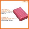 Aleon vertical crossbody bag designed with aircraft-grade aluminum for lasting durability. The bag features an adjustable and removable strap for personalized styling. Aleon logo and tagline 'Timeless by design. Built to last.' are prominently displayed against a clean white background accented with orange borders.