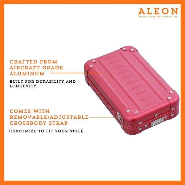 Aleon vertical crossbody bag designed with aircraft-grade aluminum for lasting durability. The bag features an adjustable and removable strap for personalized styling. Aleon logo and tagline 'Timeless by design. Built to last.' are prominently displayed against a clean white background accented with orange borders.