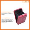 Aleon vertical red ruby crossbody bag featuring interior RFID-blocking pockets for secure storage. The bag is open, showcasing multiple organized compartments designed to protect personal items such as cards and passports. Aleon logo and tagline 'Timeless by design. Built to last.' are displayed in the top right corner.