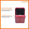ALEON vertical ruby crossbody case displayed with highlighted features, including double reinforced aluminum corners for enhanced durability and an aluminum clasp for secure closure. The case is open, revealing organized interior compartments. Brand name 'ALEON' and tagline 'TIMELESS BY DESIGN. BUILT TO LAST.' are shown at the top right.