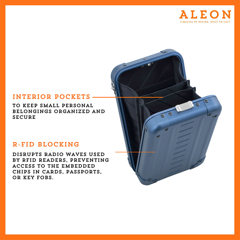 Aleon vertical sapphire blue crossbody bag featuring interior RFID-blocking pockets for secure storage. The bag is open, showcasing multiple organized compartments designed to protect personal items such as cards and passports. Aleon logo and tagline 'Timeless by design. Built to last.' are displayed in the top right corner.