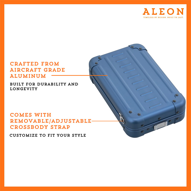 Aleon vertical crossbody bag designed with aircraft-grade aluminum for lasting durability. The bag features an adjustable and removable strap for personalized styling. Aleon logo and tagline 'Timeless by design. Built to last.' are prominently displayed against a clean white background accented with orange borders.
