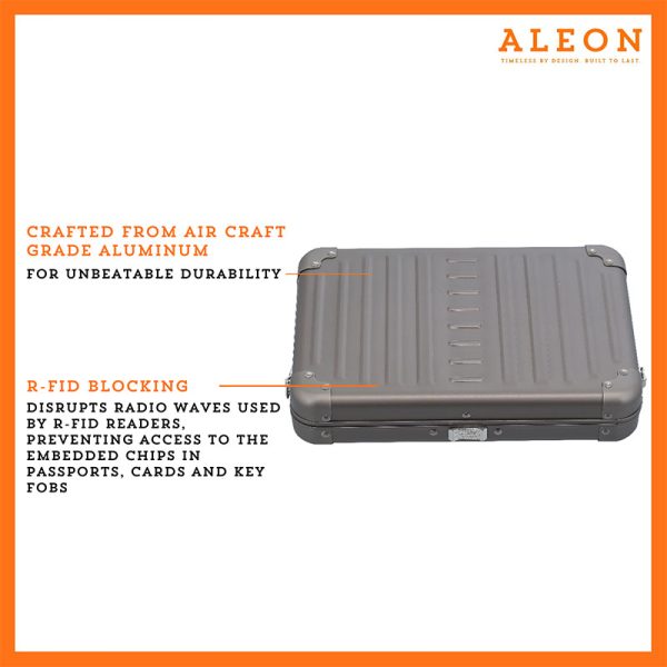Aleon large bronze crossbody bag featuring interior RFID-blocking pockets for secure storage. The bag is open, showcasing multiple organized compartments designed to protect personal items such as cards and passports. Aleon logo and tagline 'Timeless by design. Built to last.' are displayed in the top right corner