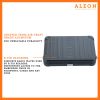 Aleon onyx black crossbody bag featuring interior RFID-blocking pockets for secure storage. The bag is open, showcasing multiple organized compartments designed to protect personal items such as cards and passports. Aleon logo and tagline 'Timeless by design. Built to last.' are displayed in the top right corner