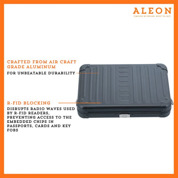 Aleon onyx black crossbody bag featuring interior RFID-blocking pockets for secure storage. The bag is open, showcasing multiple organized compartments designed to protect personal items such as cards and passports. Aleon logo and tagline 'Timeless by design. Built to last.' are displayed in the top right corner