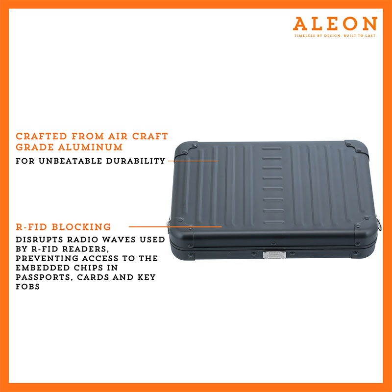 2505-ON Aleon onyx black crossbody bag featuring interior RFID-blocking pockets for secure storage. The bag is open, showcasing multiple organized compartments designed to protect personal items such as cards and passports. Aleon logo and tagline 'Timeless by design. Built to last.' are displayed in the top right corner