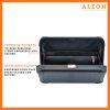 ALEON large black onyx crossbody case displayed with highlighted features, including double reinforced aluminum corners for enhanced durability and an aluminum clasp for secure closure. The case is open, revealing organized interior compartments. Brand name 'ALEON' and tagline 'TIMELESS BY DESIGN. BUILT TO LAST.' are shown at the top right.