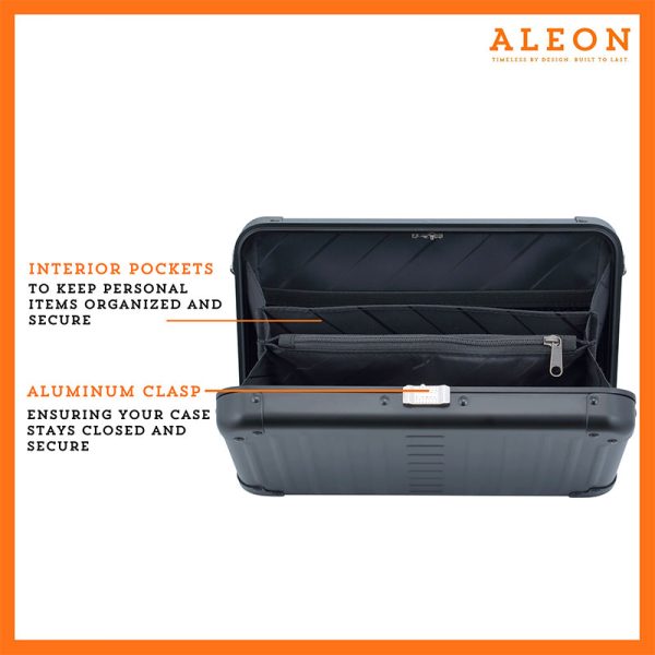 ALEON large black onyx crossbody case displayed with highlighted features, including double reinforced aluminum corners for enhanced durability and an aluminum clasp for secure closure. The case is open, revealing organized interior compartments. Brand name 'ALEON' and tagline 'TIMELESS BY DESIGN. BUILT TO LAST.' are shown at the top right.