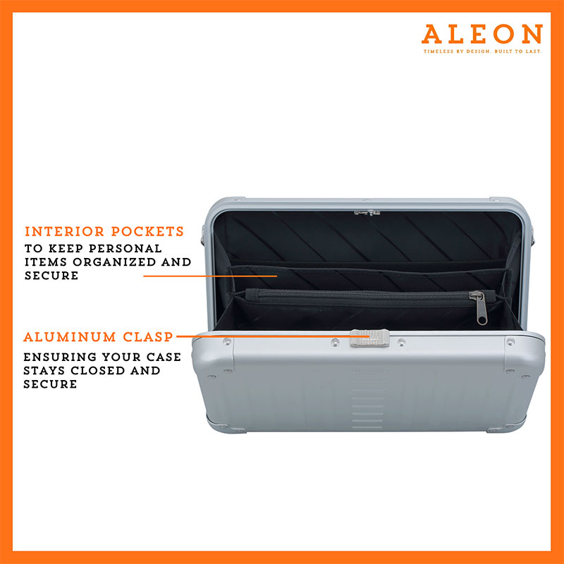 2505-Open-PL ALEON large silver crossbody case displayed with highlighted features, including double reinforced aluminum corners for enhanced durability and an aluminum clasp for secure closure. The case is open, revealing organized interior compartments. Brand name 'ALEON' and tagline 'TIMELESS BY DESIGN. BUILT TO LAST.' are shown at the top right.
