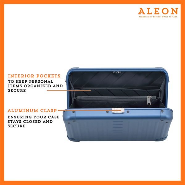 ALEON large crossbody case displayed with highlighted features, including double reinforced aluminum corners for enhanced durability and an aluminum clasp for secure closure. The case is open, revealing organized interior compartments. Brand name 'ALEON' and tagline 'TIMELESS BY DESIGN. BUILT TO LAST.' are shown at the top right.