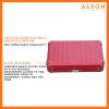 Aleon large red ruby crossbody bag featuring interior RFID-blocking pockets for secure storage. The bag is open, showcasing multiple organized compartments designed to protect personal items such as cards and passports. Aleon logo and tagline 'Timeless by design. Built to last.' are displayed in the top right corner.