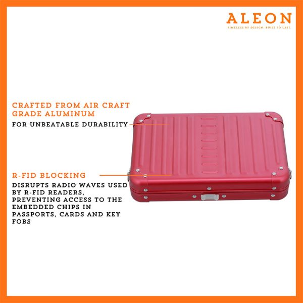 Aleon large red ruby crossbody bag featuring interior RFID-blocking pockets for secure storage. The bag is open, showcasing multiple organized compartments designed to protect personal items such as cards and passports. Aleon logo and tagline 'Timeless by design. Built to last.' are displayed in the top right corner.