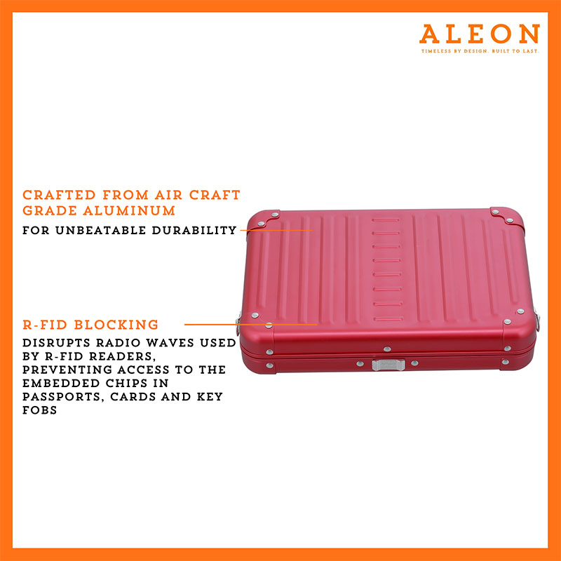 2505-RU Aleon large red ruby crossbody bag featuring interior RFID-blocking pockets for secure storage. The bag is open, showcasing multiple organized compartments designed to protect personal items such as cards and passports. Aleon logo and tagline 'Timeless by design. Built to last.' are displayed in the top right corner.