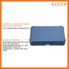 Aleon large sapphire blue crossbody bag featuring interior RFID-blocking pockets for secure storage. The bag is open, showcasing multiple organized compartments designed to protect personal items such as cards, cellphones and passports. Aleon logo and tagline 'Timeless by design. Built to last.' are displayed in the top right corner.