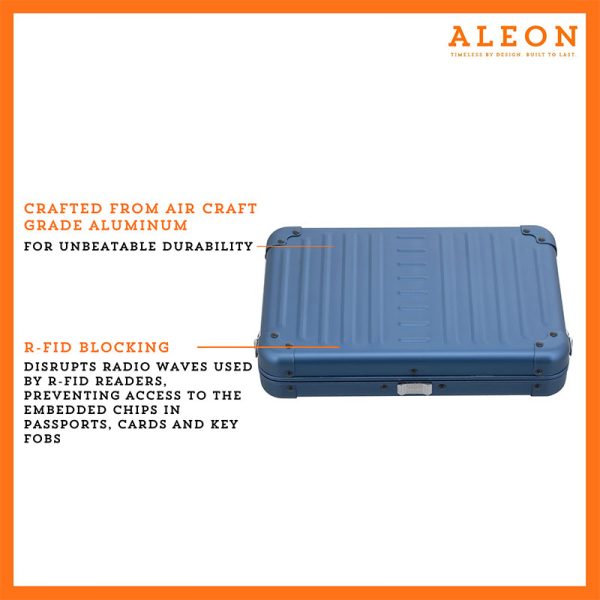 Aleon large sapphire blue crossbody bag featuring interior RFID-blocking pockets for secure storage. The bag is open, showcasing multiple organized compartments designed to protect personal items such as cards, cellphones and passports. Aleon logo and tagline 'Timeless by design. Built to last.' are displayed in the top right corner.